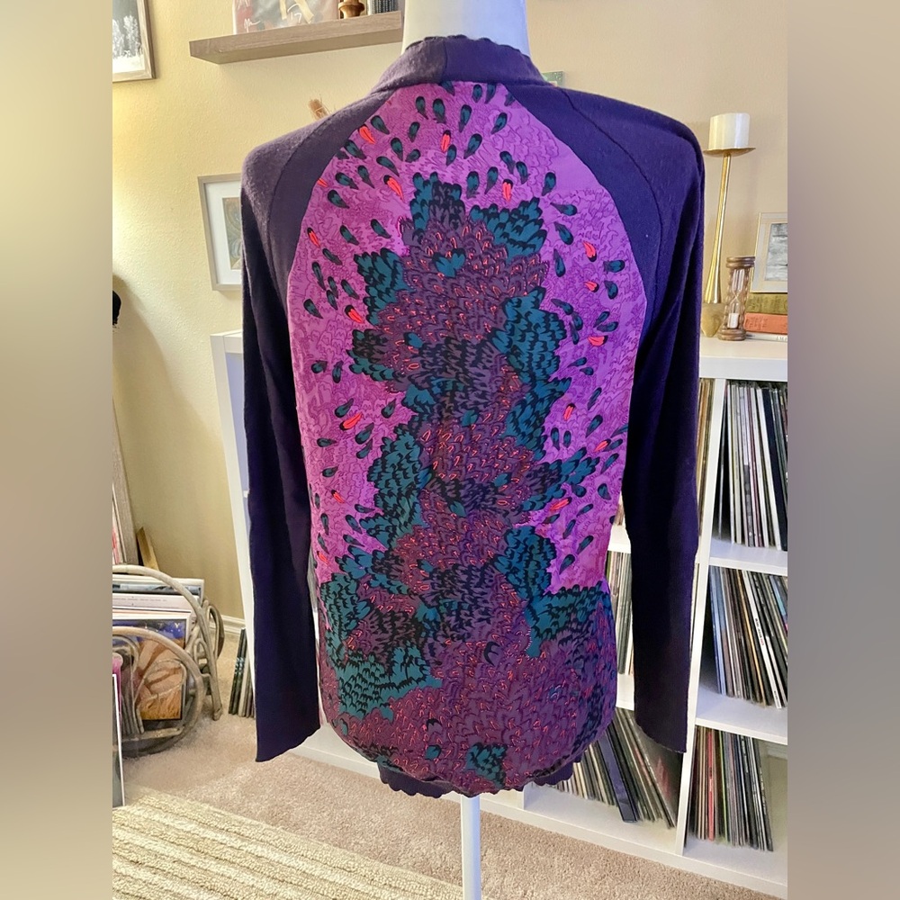 Tibi Size Small Purple Silk and Wool Purple Bird Feather Cardigan